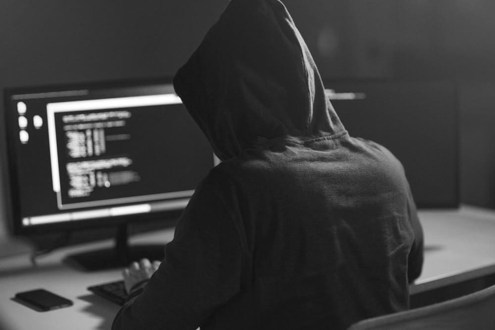 A programmer wearing a hoody faces a computer monitor while writing code
