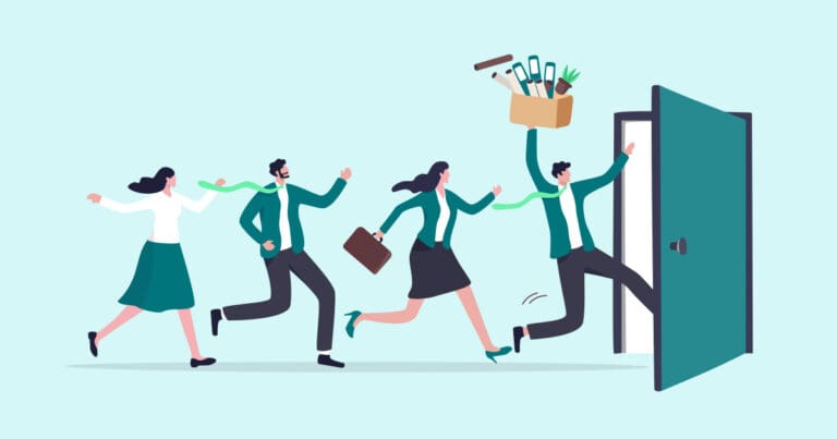 Illustration of four employees running out of a door with a box of personal items to signify quitting en masse
