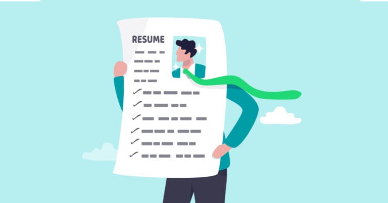 Illustration of a person holding up a large resume in front of their body with their face coming through a square frame cutout to signify their headshot on their resume to show their qualifications