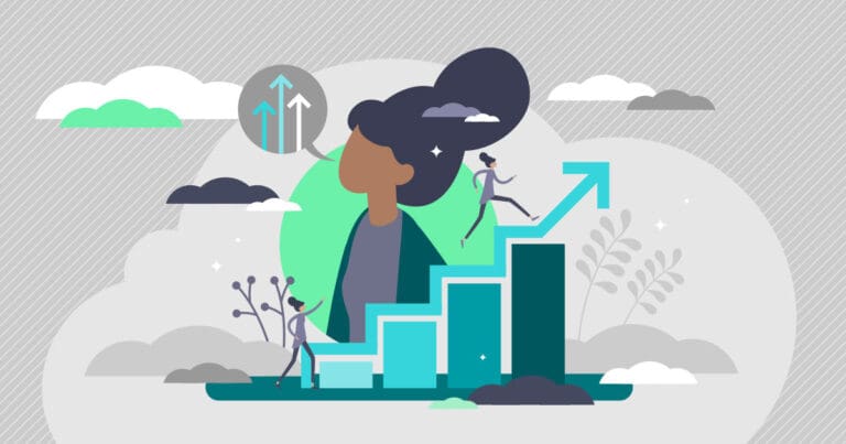 Illustration of a woman surrounded by different symbols including an ascending blue bar chart to signify an upward trajectory