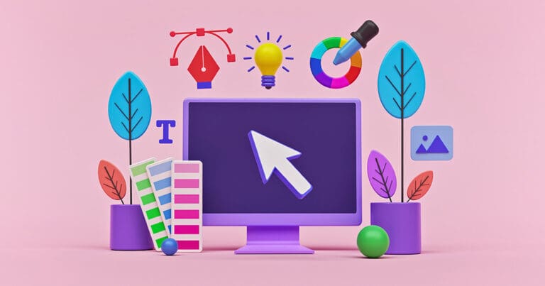 Colorful illustrations on a pink background of a computer screen and other graphic design-related elements